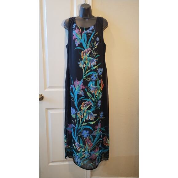 Connected Apparel Maxi Dress Black Tropical Flowers Lined size 14 - Picture 1 of 13